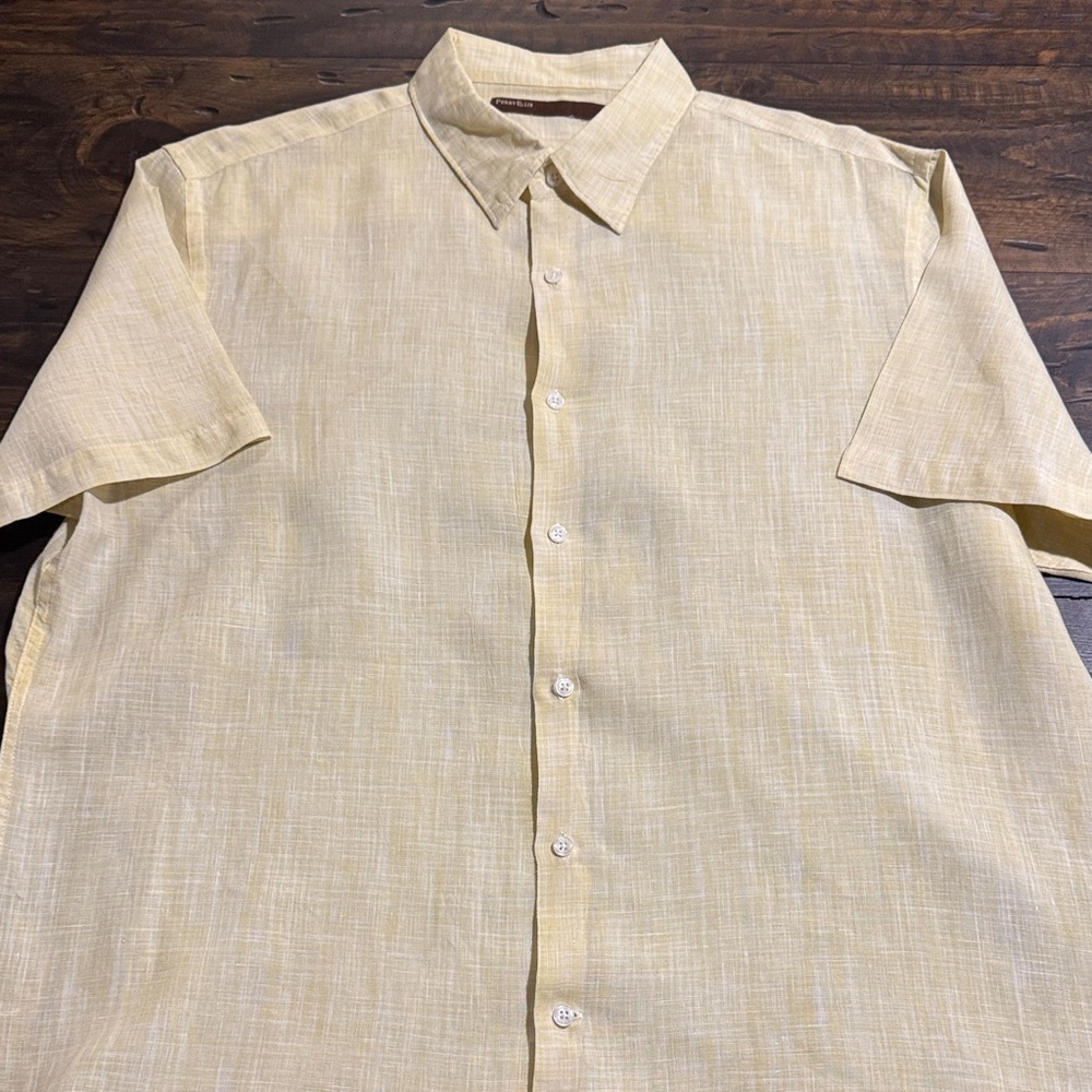 Perry Ellis Pale Yellow Short-Sleeve 100% Linen Button-Down Shirt-XXL